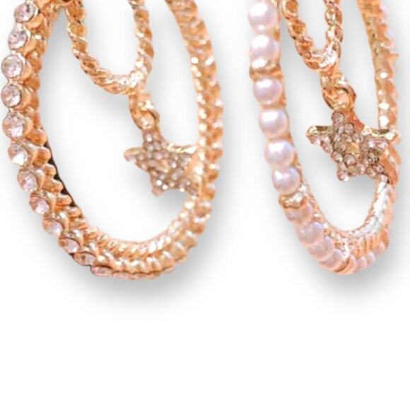 Gold Pearl Hoops Crystal Hanging Stars Double Hoop Post Earrings - Picture 3 of 3